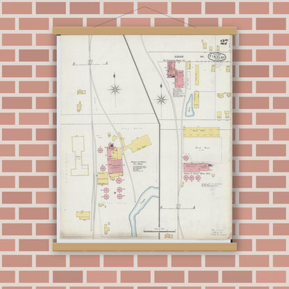 Old map wall art mockup — magnetic wood frame on brick wall — Sanborn Fire Insurance Map from Findlay, Hancock County, Ohio (1895), Sheet #0027