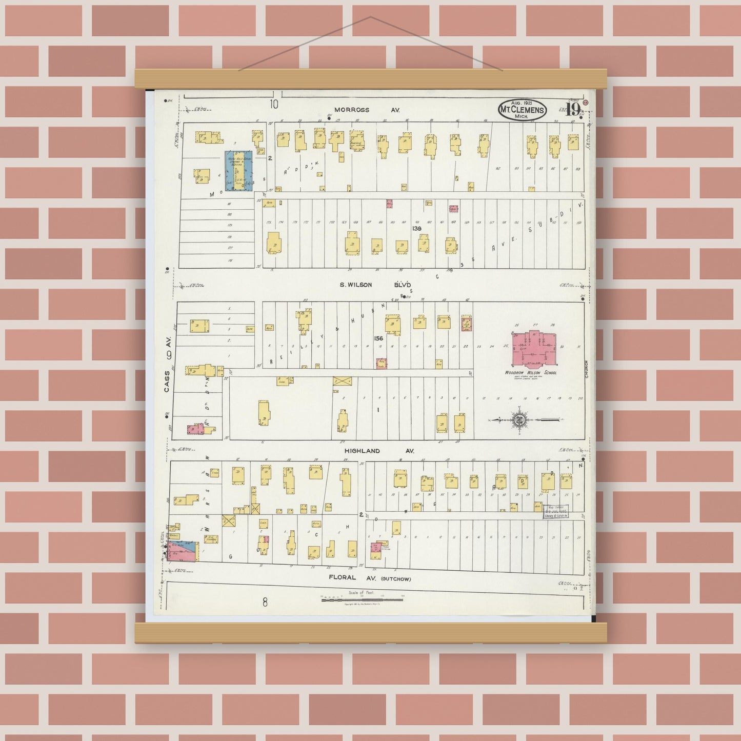 Old map wall art mockup — magnetic wood frame on brick wall — Sanborn Fire Insurance Map from Mount Clemens, Macomb County, Michigan (1921), Sheet #0019
