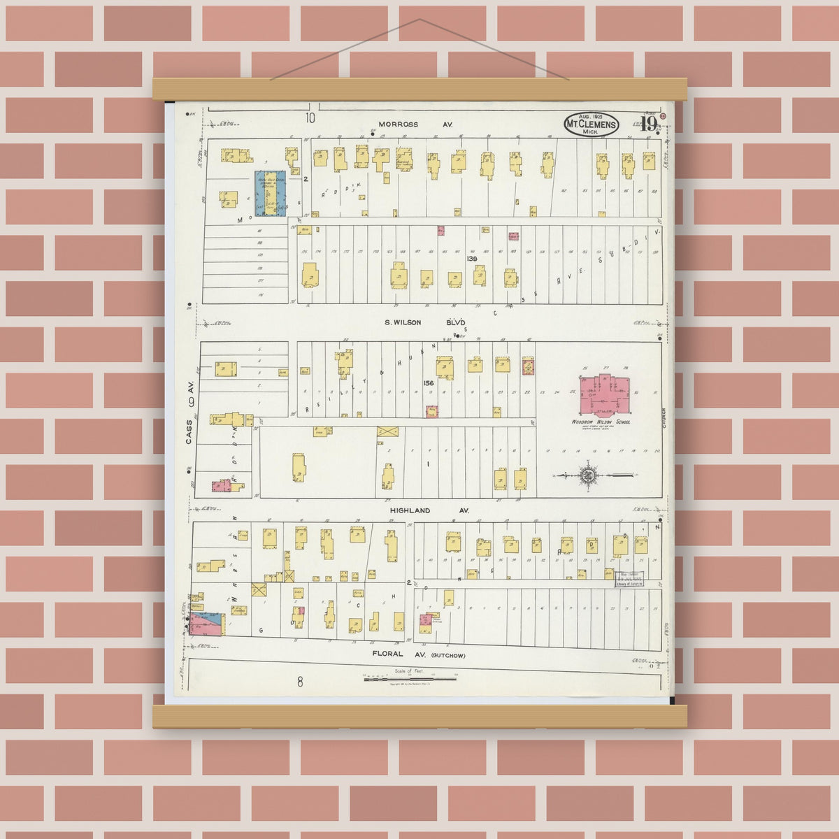 Old map wall art mockup — magnetic wood frame on brick wall — Sanborn Fire Insurance Map from Mount Clemens, Macomb County, Michigan (1921), Sheet #0019