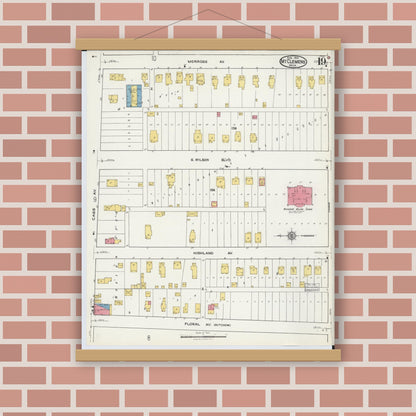 Old map wall art mockup — magnetic wood frame on brick wall — Sanborn Fire Insurance Map from Mount Clemens, Macomb County, Michigan (1921), Sheet #0019