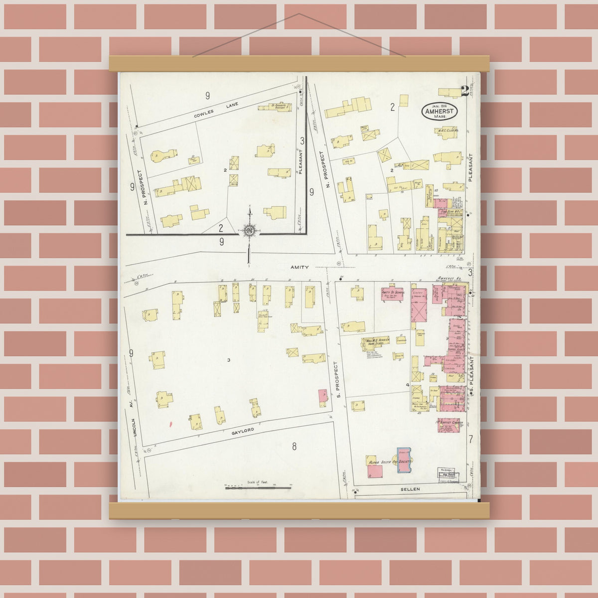 Old map wall art mockup — magnetic wood frame on brick wall — Sanborn Fire Insurance Map from Amherst, Hampshire County, Massachusetts (1916), Sheet #0002