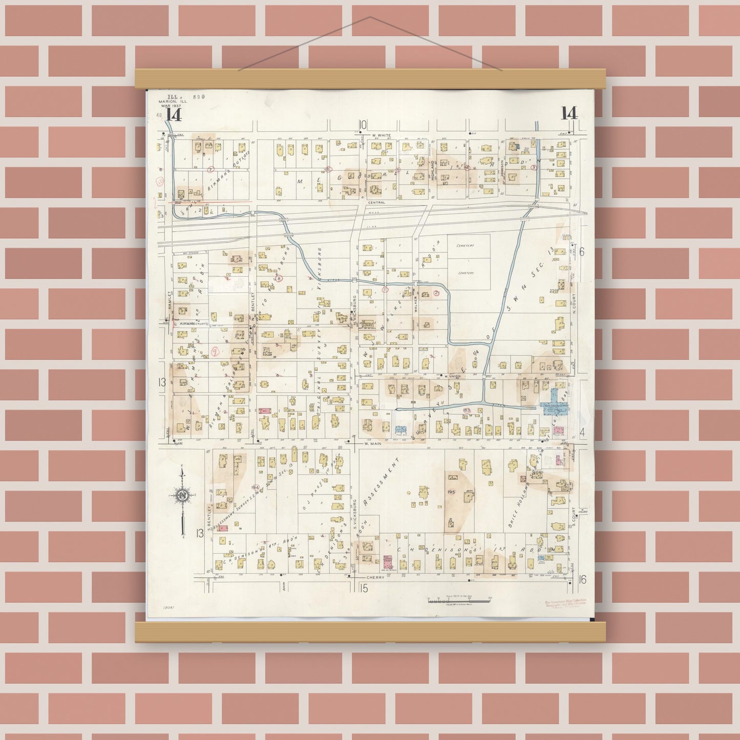 Old map wall art mockup — magnetic wood frame on brick wall — Sanborn Fire Insurance Map from Marion, Williamson County, Illinois (1946), Sheet #0014