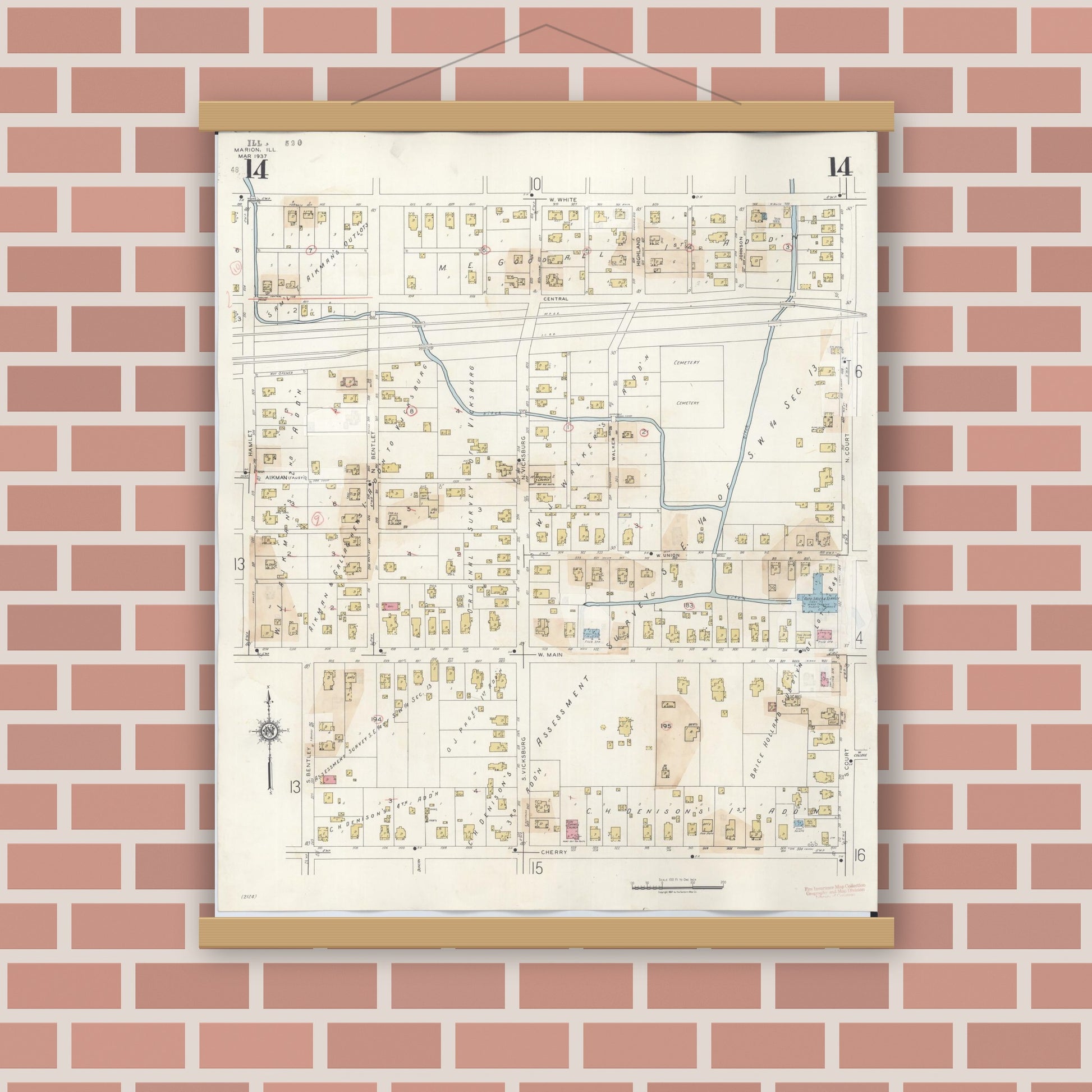 Old map wall art mockup — magnetic wood frame on brick wall — Sanborn Fire Insurance Map from Marion, Williamson County, Illinois (1946), Sheet #0014