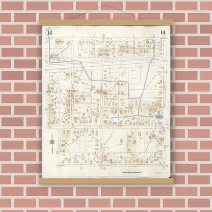 Old map wall art mockup — magnetic wood frame on brick wall — Sanborn Fire Insurance Map from Marion, Williamson County, Illinois (1946), Sheet #0014