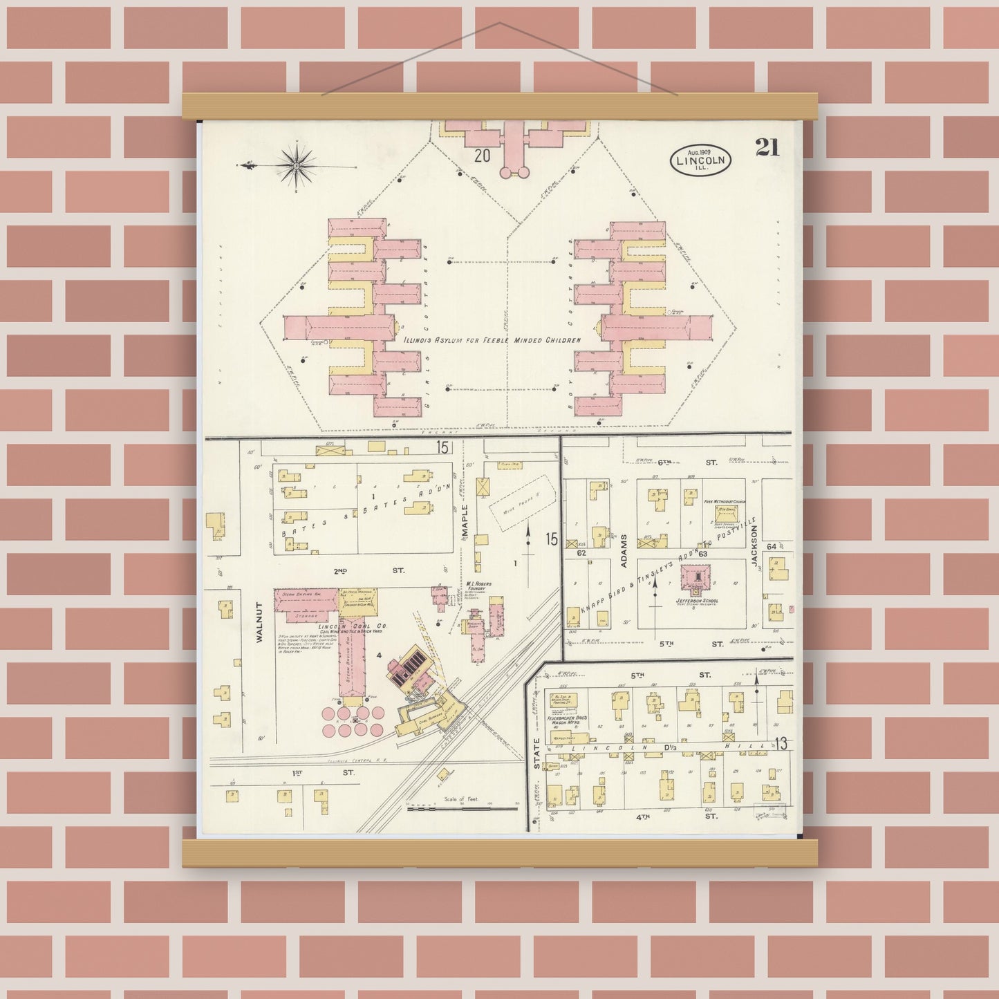Old map wall art mockup — magnetic wood frame on brick wall — Sanborn Fire Insurance Map from Lincoln, Logan County, Illinois (1909), Sheet #0021