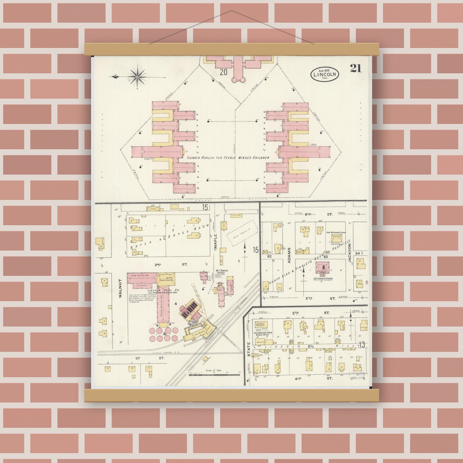 Old map wall art mockup — magnetic wood frame on brick wall — Sanborn Fire Insurance Map from Lincoln, Logan County, Illinois (1909), Sheet #0021