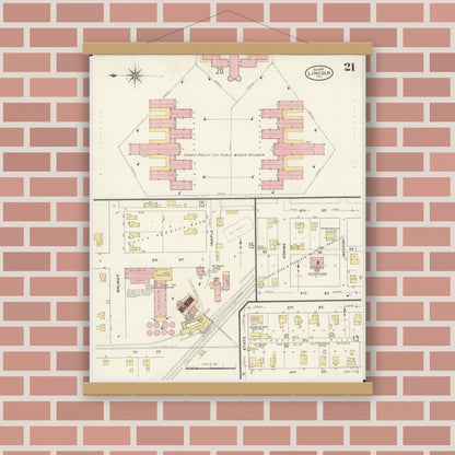 Old map wall art mockup — magnetic wood frame on brick wall — Sanborn Fire Insurance Map from Lincoln, Logan County, Illinois (1909), Sheet #0021
