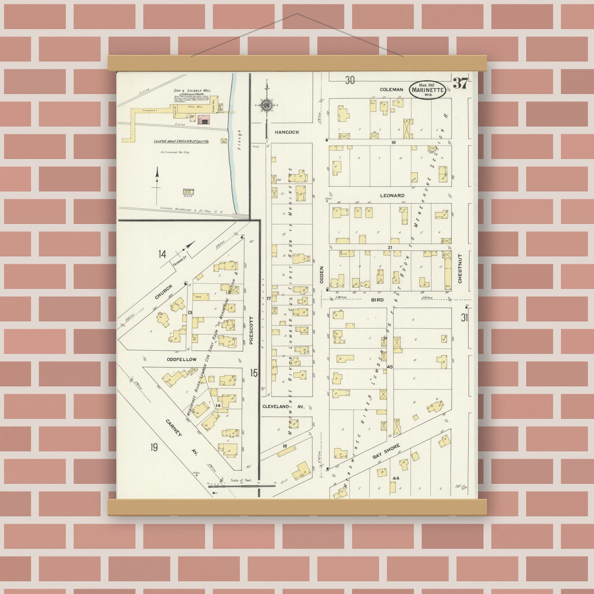 Old map wall art mockup — magnetic wood frame on brick wall — Sanborn Fire Insurance Map from Marinette, Marinette County, Wisconsin (1910), Sheet #0037