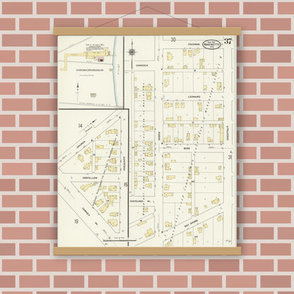 Old map wall art mockup — magnetic wood frame on brick wall — Sanborn Fire Insurance Map from Marinette, Marinette County, Wisconsin (1910), Sheet #0037