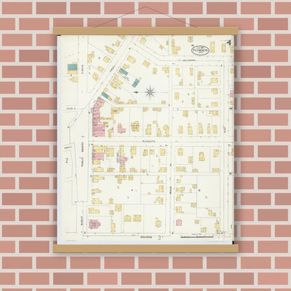 Old map wall art mockup — magnetic wood frame on brick wall — Sanborn Fire Insurance Map from Plymouth, Huron And Richland Counties, Ohio (1904), Sheet #0004
