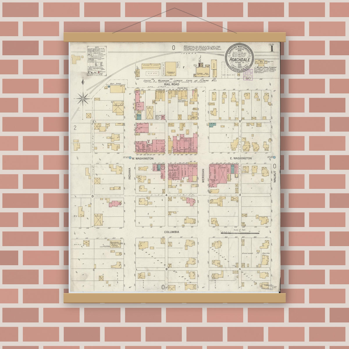 Old map wall art mockup — magnetic wood frame on brick wall — Sanborn Fire Insurance Map from Roachdale, Putnam County, Indiana (1902), Sheet #0001