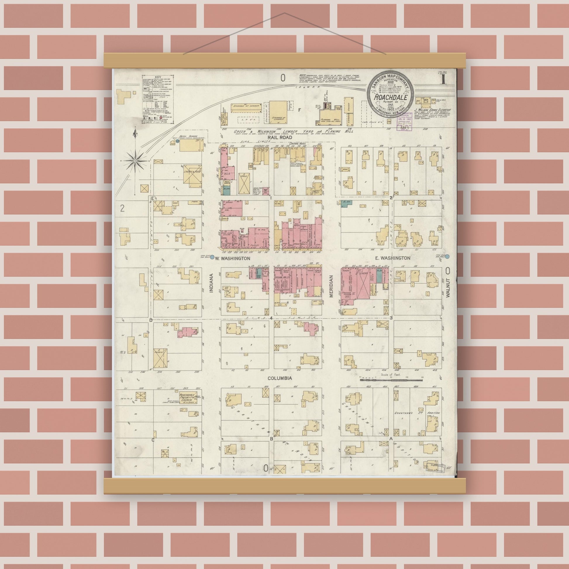 Old map wall art mockup — magnetic wood frame on brick wall — Sanborn Fire Insurance Map from Roachdale, Putnam County, Indiana (1902), Sheet #0001