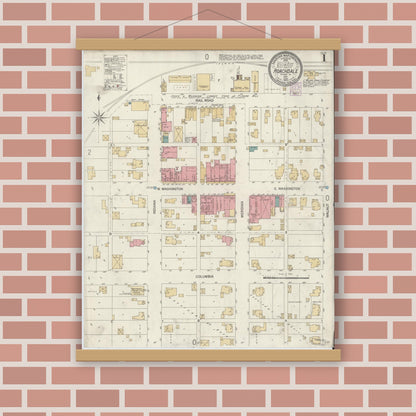 Old map wall art mockup — magnetic wood frame on brick wall — Sanborn Fire Insurance Map from Roachdale, Putnam County, Indiana (1902), Sheet #0001