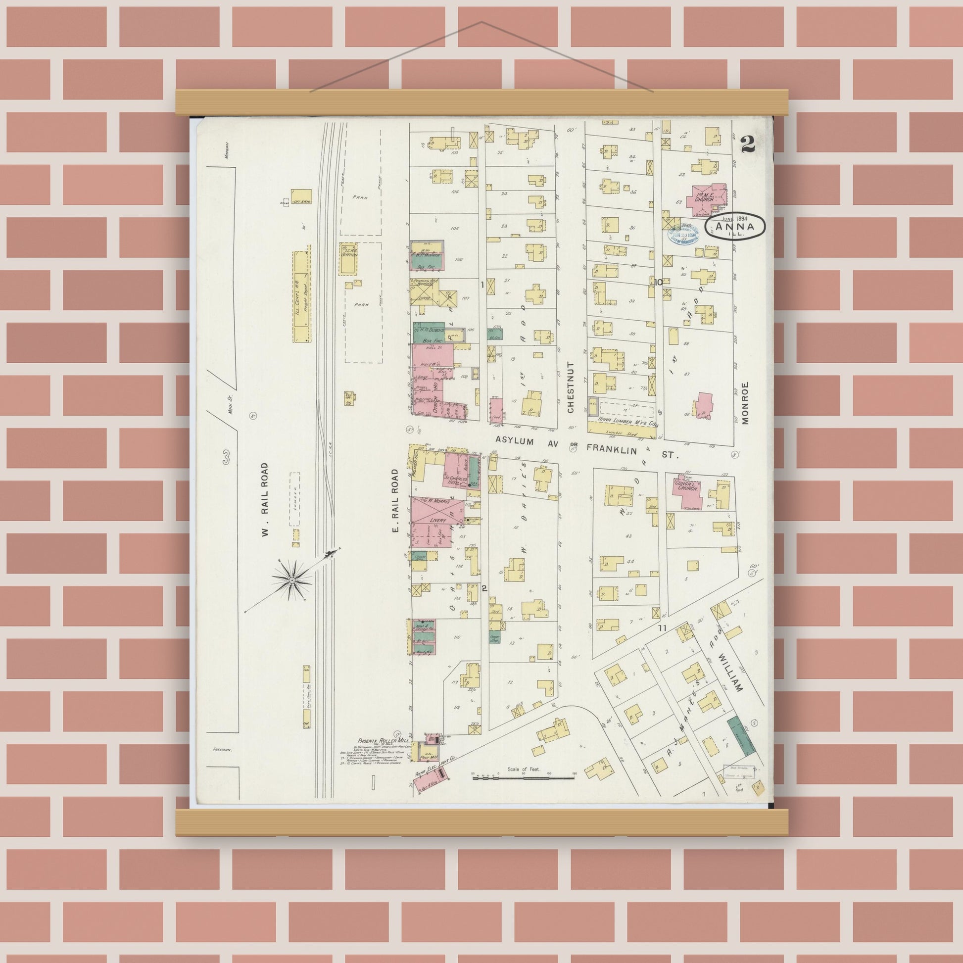 Old map wall art mockup — magnetic wood frame on brick wall — Sanborn Fire Insurance Map from Anna, Union County, Illinois (1894), Sheet #0002