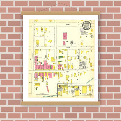 Old map wall art mockup — magnetic wood frame on brick wall — Sanborn Fire Insurance Map from Bastrop, Bastrop County, Texas (1901), Sheet #0001