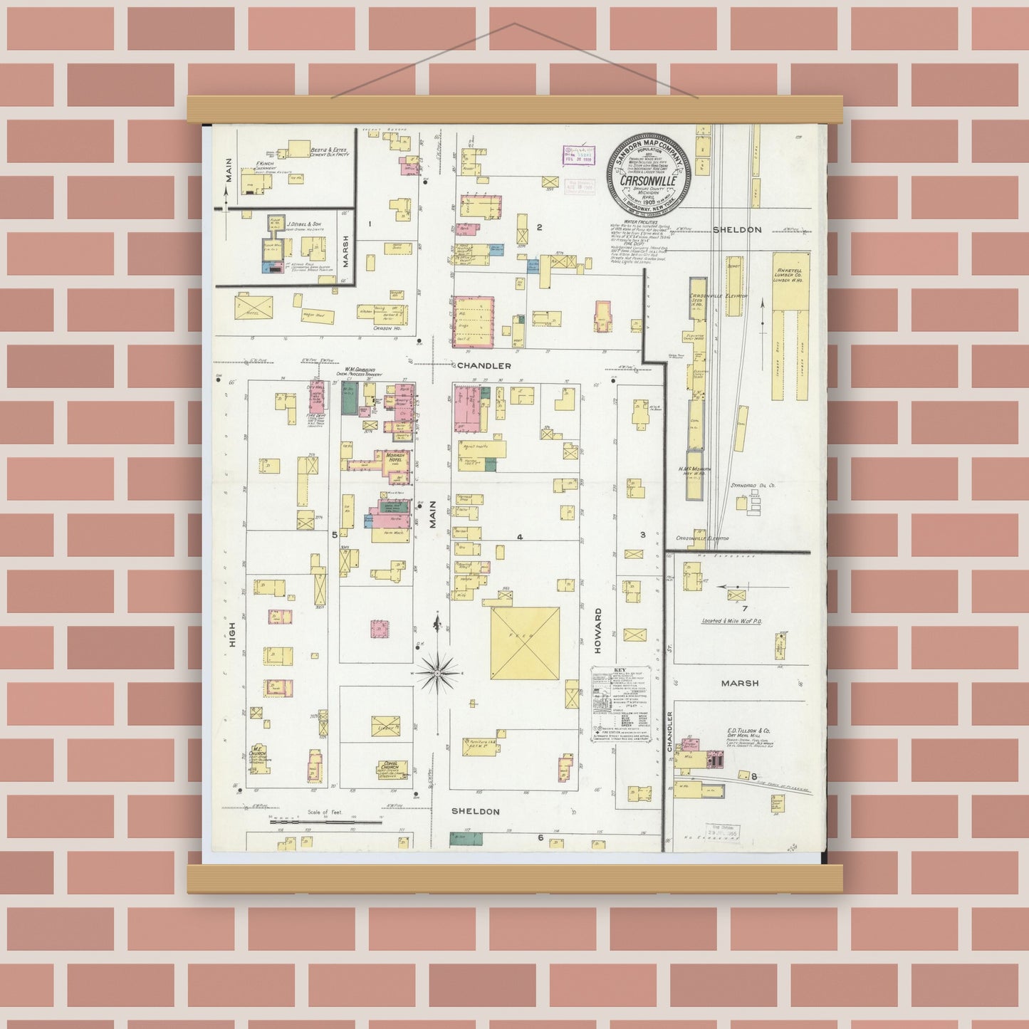 Old map wall art mockup — magnetic wood frame on brick wall — Sanborn Fire Insurance Map from Carsonville, Sanilac County, Michigan (1909), Sheet #0001