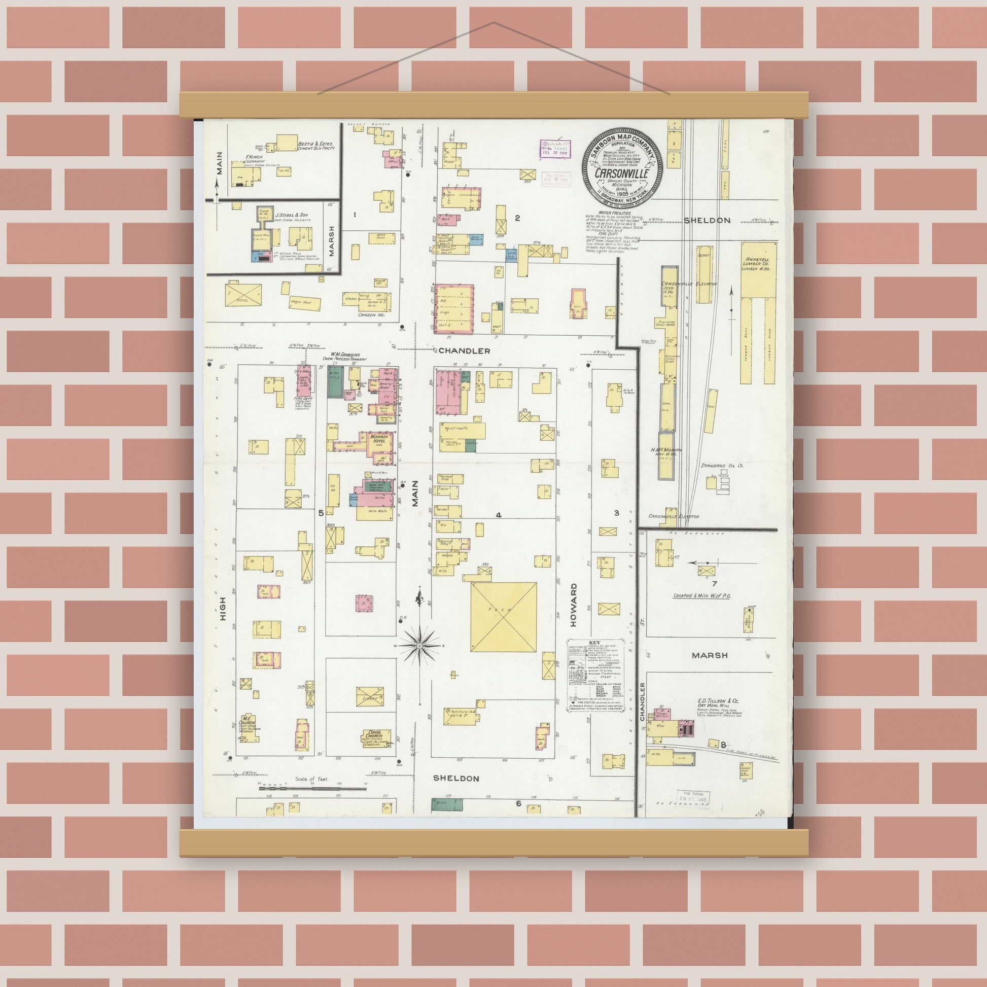 Old map wall art mockup — magnetic wood frame on brick wall — Sanborn Fire Insurance Map from Carsonville, Sanilac County, Michigan (1909), Sheet #0001