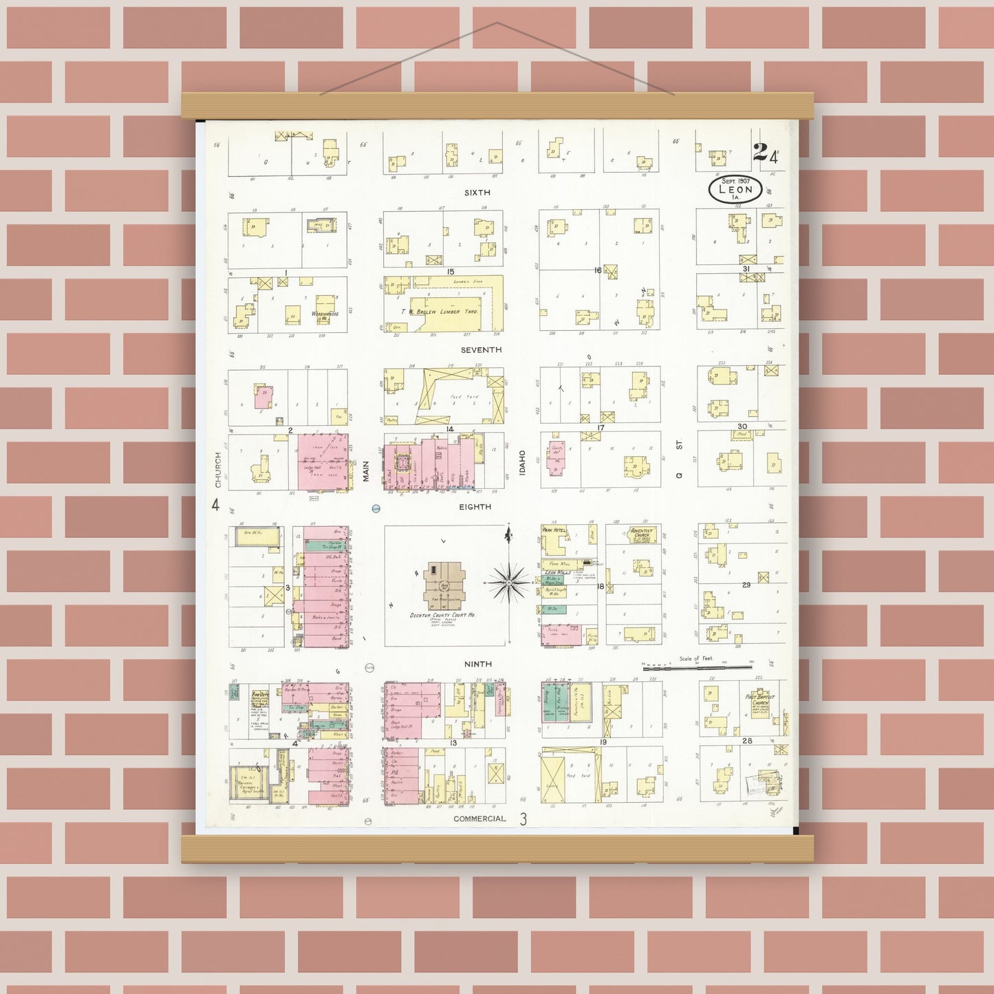 Old map wall art mockup — magnetic wood frame on brick wall — Sanborn Fire Insurance Map from Leon, Decatur County, Iowa (1907), Sheet #0002