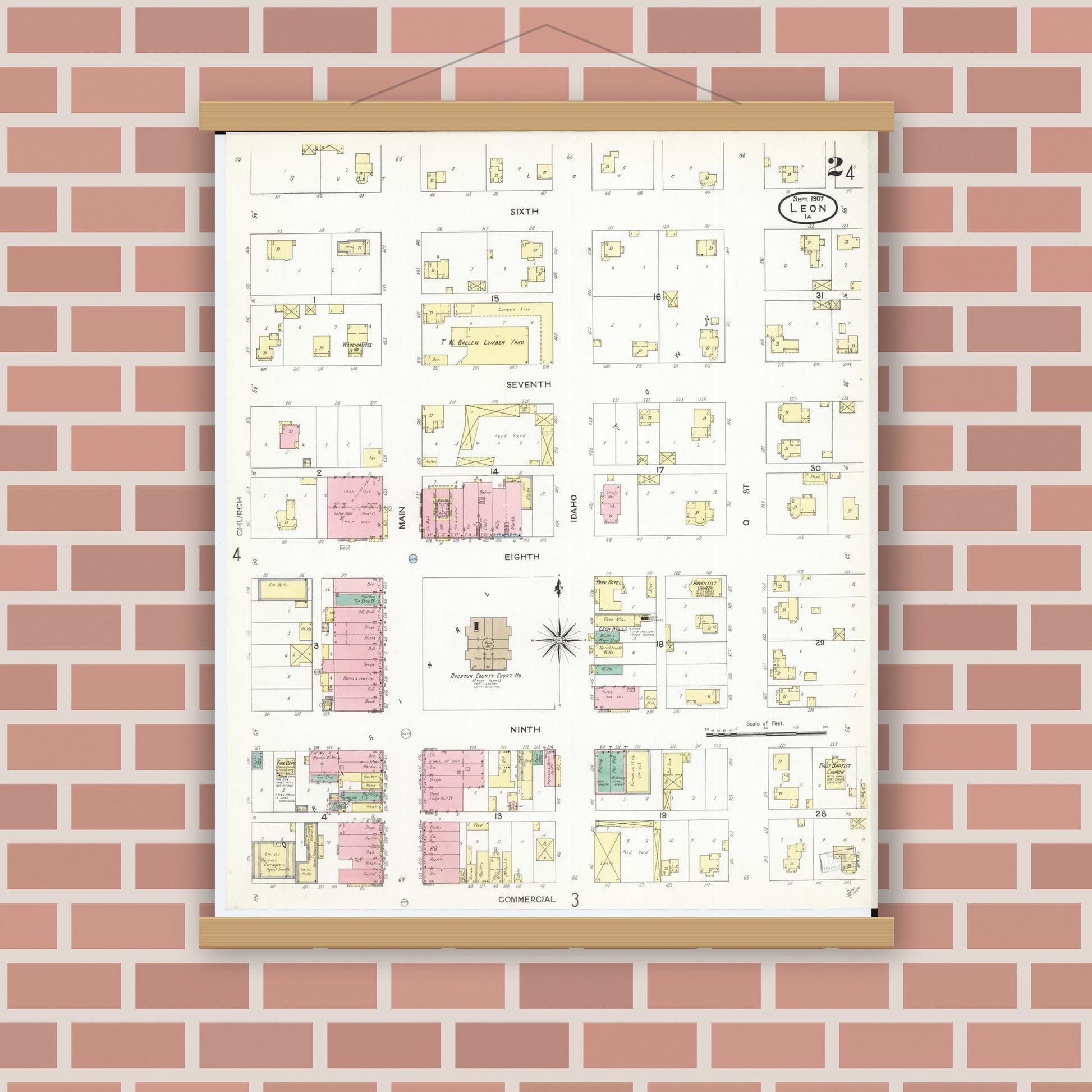 Old map wall art mockup — magnetic wood frame on brick wall — Sanborn Fire Insurance Map from Leon, Decatur County, Iowa (1907), Sheet #0002