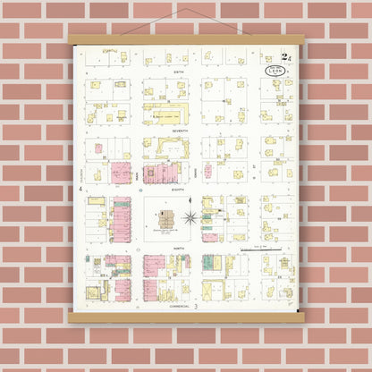 Old map wall art mockup — magnetic wood frame on brick wall — Sanborn Fire Insurance Map from Leon, Decatur County, Iowa (1907), Sheet #0002