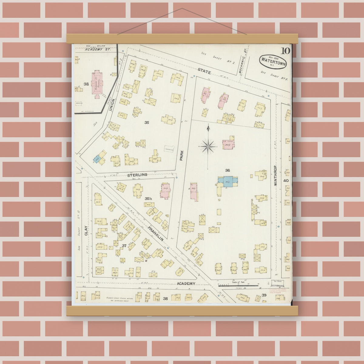 Old map wall art mockup — magnetic wood frame on brick wall — Sanborn Fire Insurance Map from Watertown, Jefferson County, New York (1890), Sheet #0010