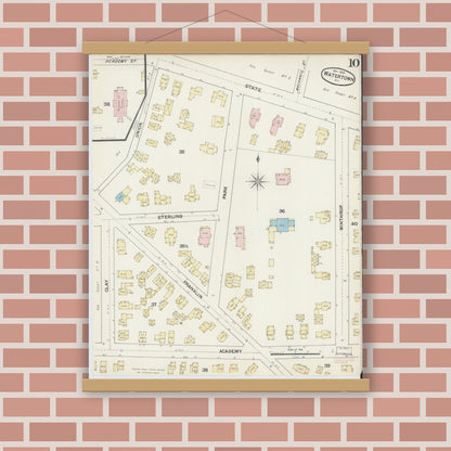 Old map wall art mockup — magnetic wood frame on brick wall — Sanborn Fire Insurance Map from Watertown, Jefferson County, New York (1890), Sheet #0010