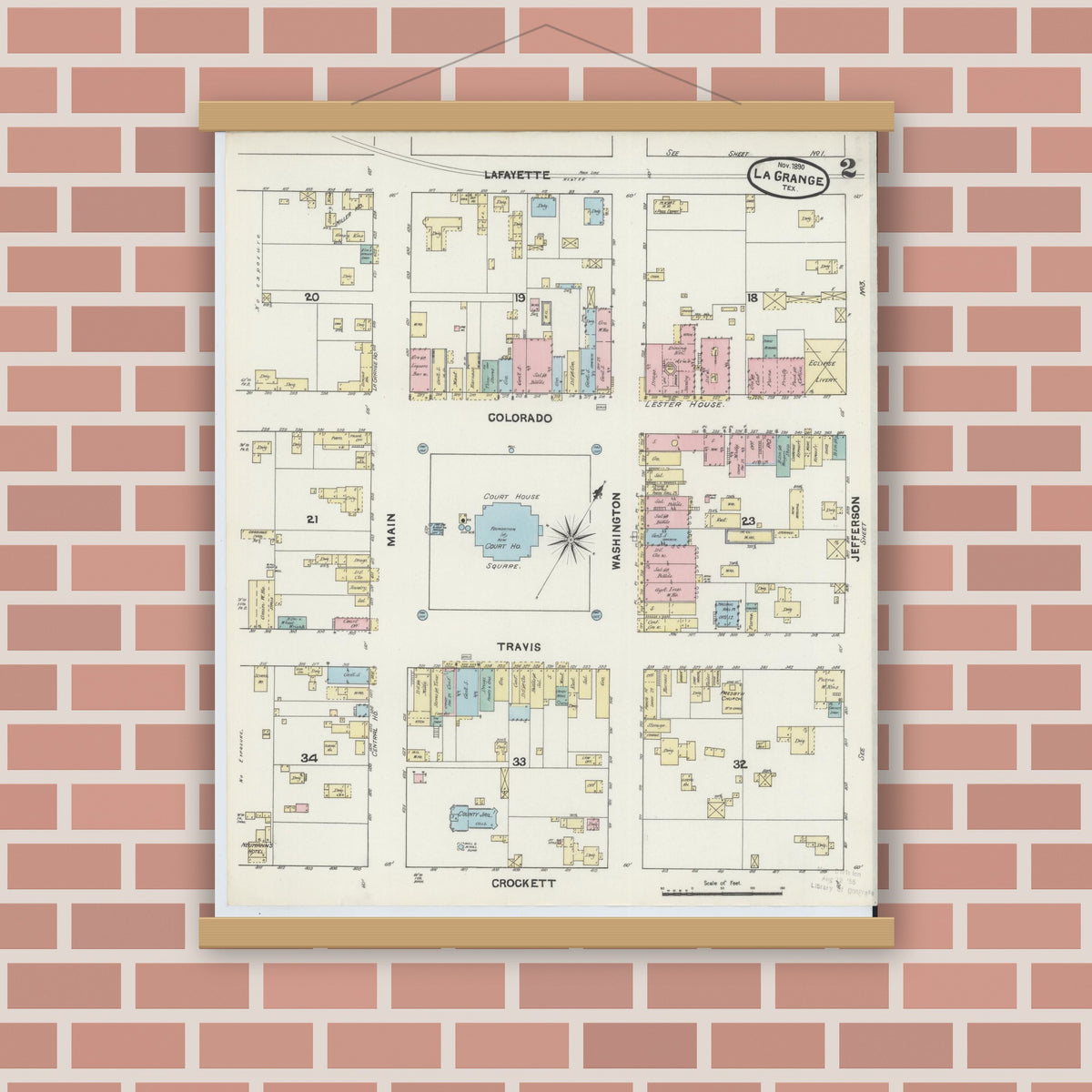 Old map wall art mockup — magnetic wood frame on brick wall — Sanborn Fire Insurance Map from La Grange, Fayette County, Texas (1890), Sheet #0002