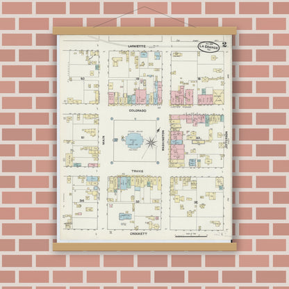 Old map wall art mockup — magnetic wood frame on brick wall — Sanborn Fire Insurance Map from La Grange, Fayette County, Texas (1890), Sheet #0002