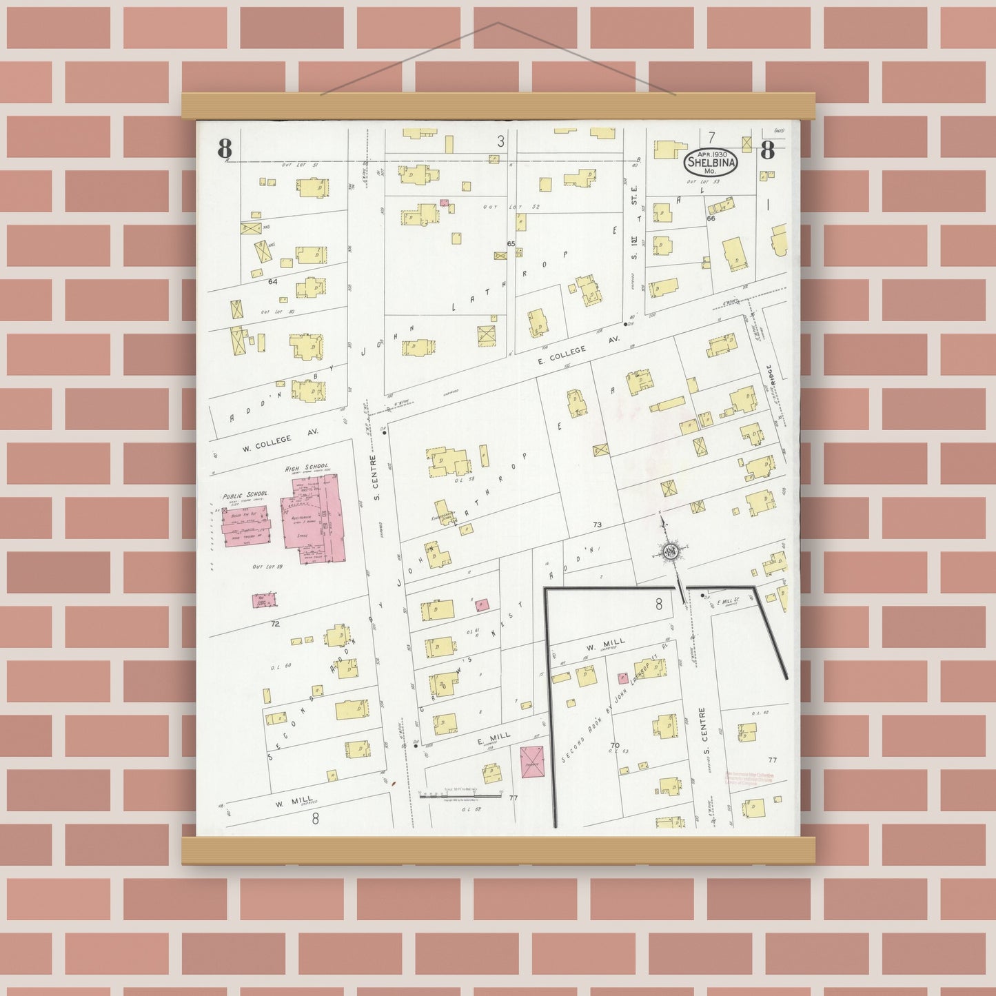 Old map wall art mockup — magnetic wood frame on brick wall — Sanborn Fire Insurance Map from Shelbina, Shelby County, Missouri (1930), Sheet #0008