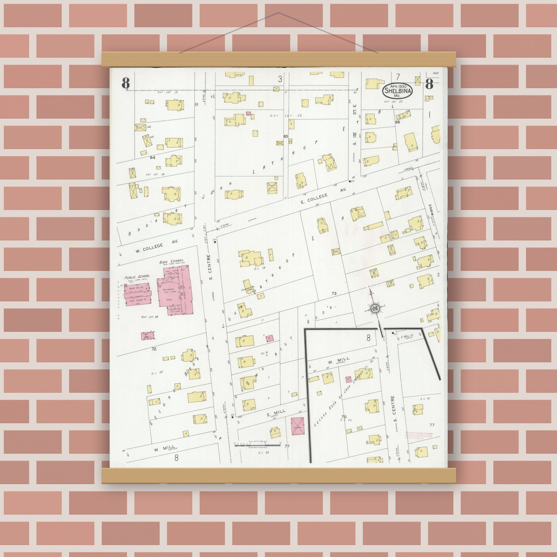 Old map wall art mockup — magnetic wood frame on brick wall — Sanborn Fire Insurance Map from Shelbina, Shelby County, Missouri (1930), Sheet #0008