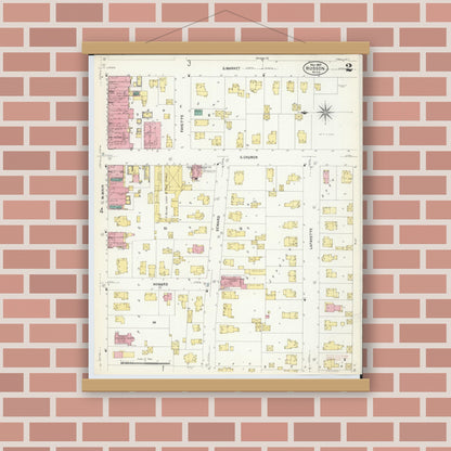 Old map wall art mockup — magnetic wood frame on brick wall — Sanborn Fire Insurance Map from Hudson, Lenawee County, Michigan (1907), Sheet #0002