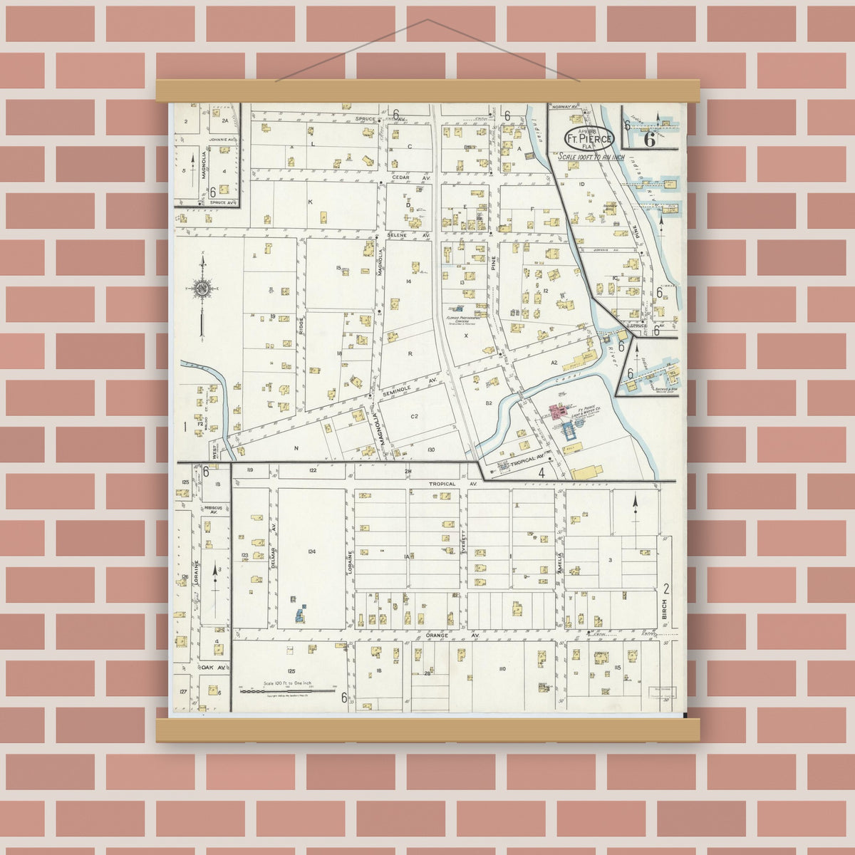 Old map wall art mockup — magnetic wood frame on brick wall — Sanborn Fire Insurance Map from Fort Pierce, St Lucie County, Florida (1918), Sheet #0006