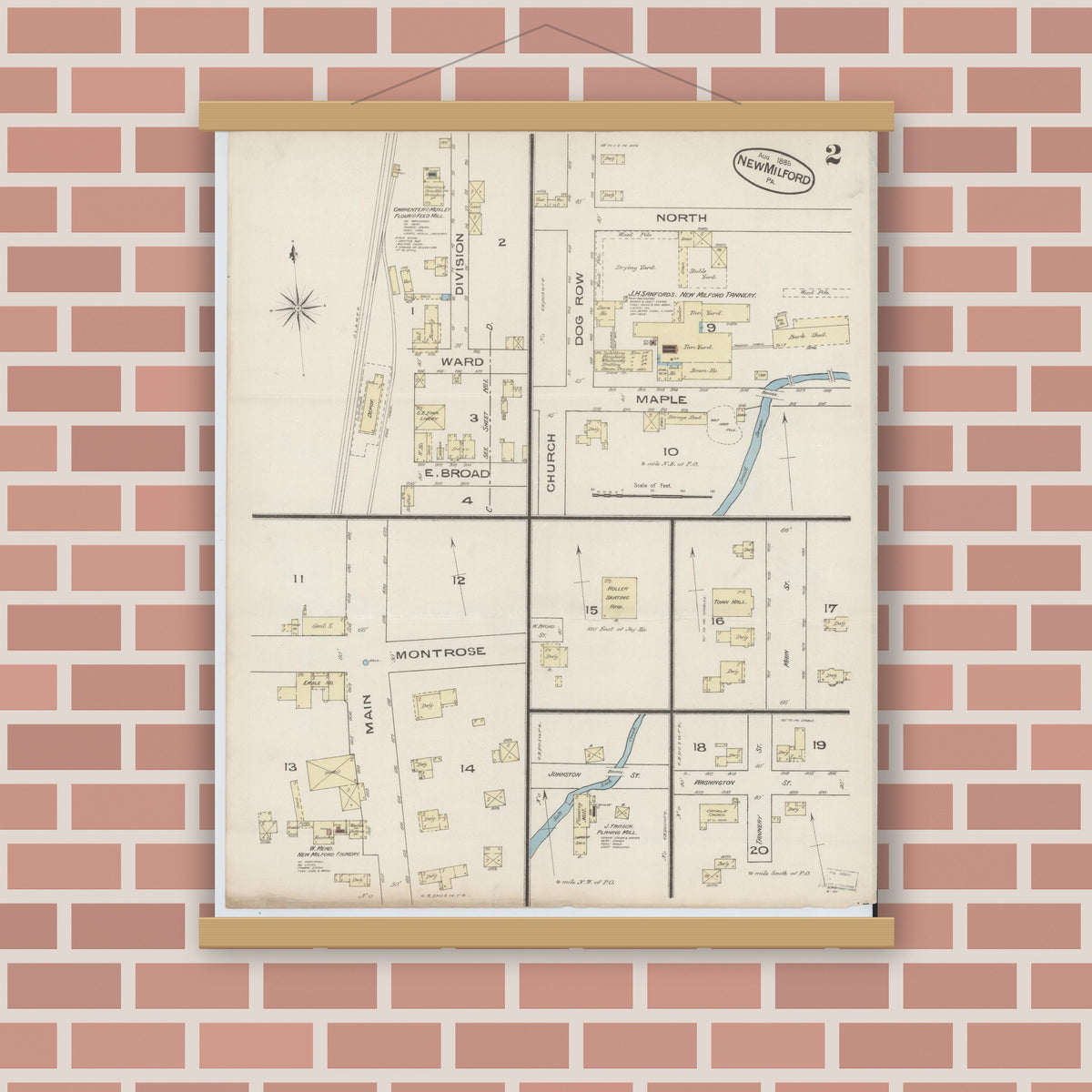 Old map wall art mockup — magnetic wood frame on brick wall — Sanborn Fire Insurance Map from New Milford, Susquehanna County, Pennsylvania (1885), Sheet #0002