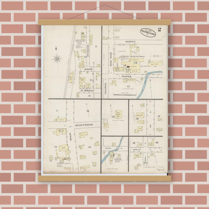 Old map wall art mockup — magnetic wood frame on brick wall — Sanborn Fire Insurance Map from New Milford, Susquehanna County, Pennsylvania (1885), Sheet #0002