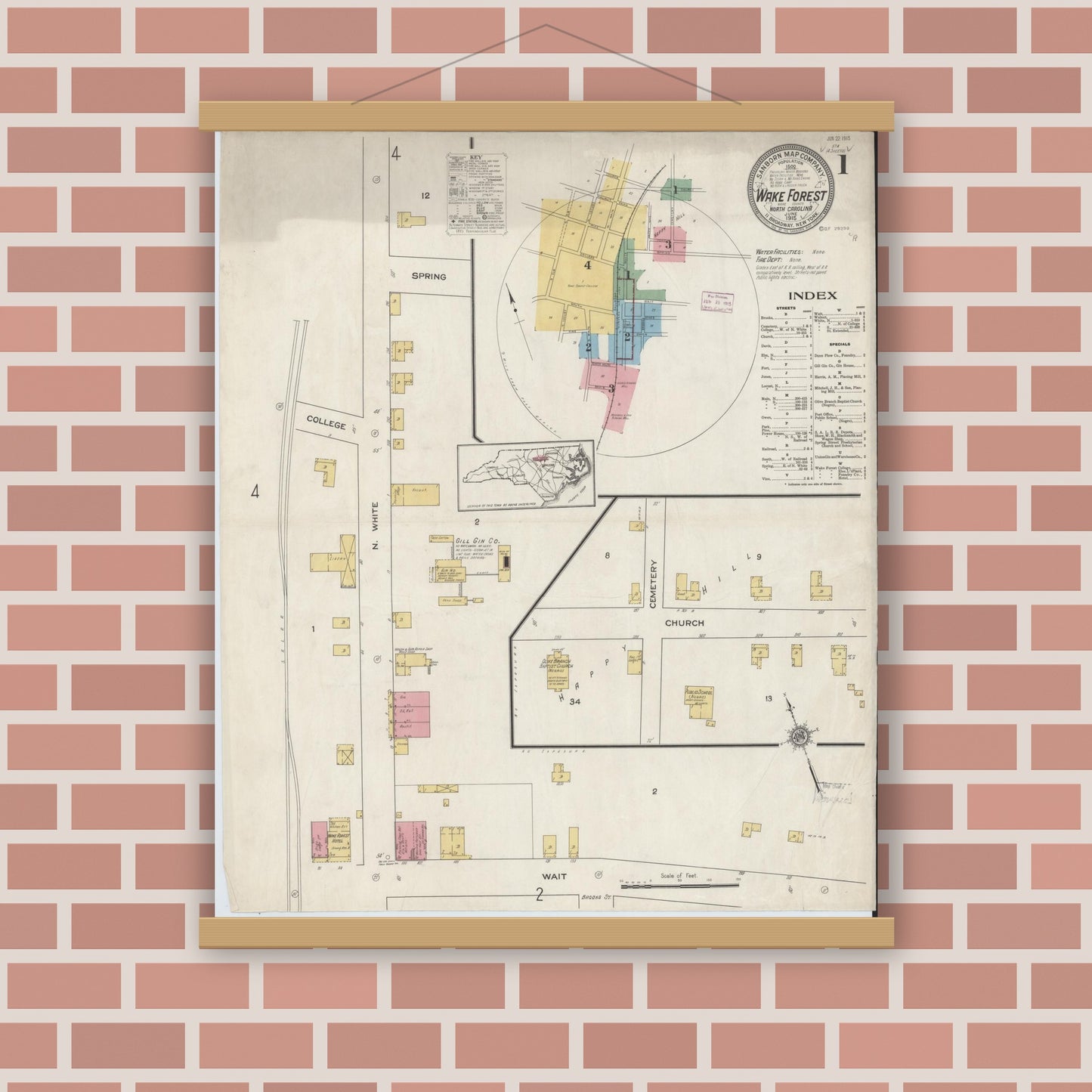 Old map wall art mockup — magnetic wood frame on brick wall — Sanborn Fire Insurance Map from Wake Forest, Wake County, North Carolina (1915) - Complete Map Set