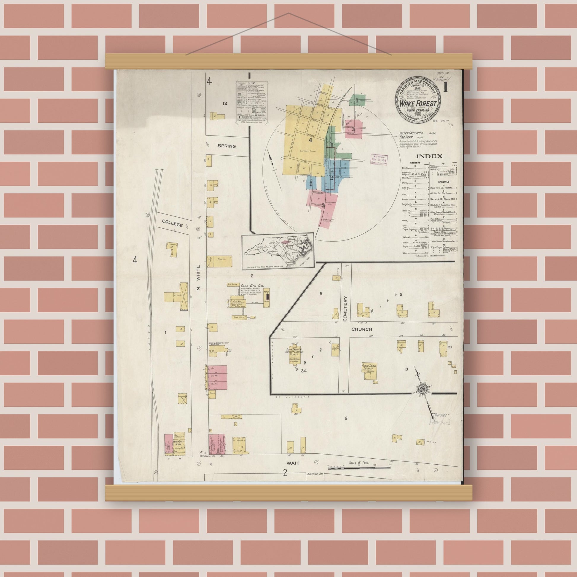Old map wall art mockup — magnetic wood frame on brick wall — Sanborn Fire Insurance Map from Wake Forest, Wake County, North Carolina (1915) - Complete Map Set