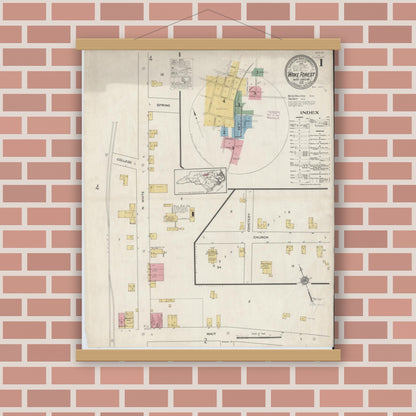 Old map wall art mockup — magnetic wood frame on brick wall — Sanborn Fire Insurance Map from Wake Forest, Wake County, North Carolina (1915) - Complete Map Set