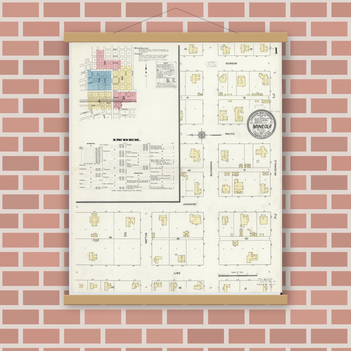 Old map wall art mockup — magnetic wood frame on brick wall — Sanborn Fire Insurance Map from Mineola, Wood County, Texas (1912) - Complete Map Set