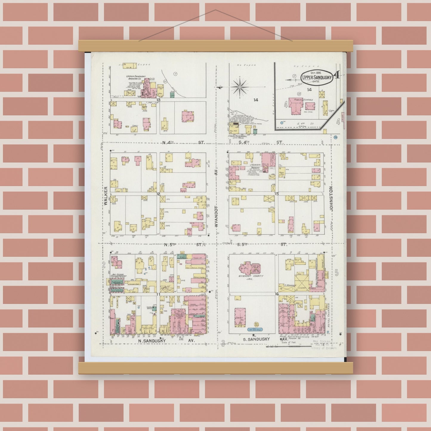 Old map wall art mockup — magnetic wood frame on brick wall — Sanborn Fire Insurance Map from Upper Sandusky, Wyandot County, Ohio (1892), Sheet #0004