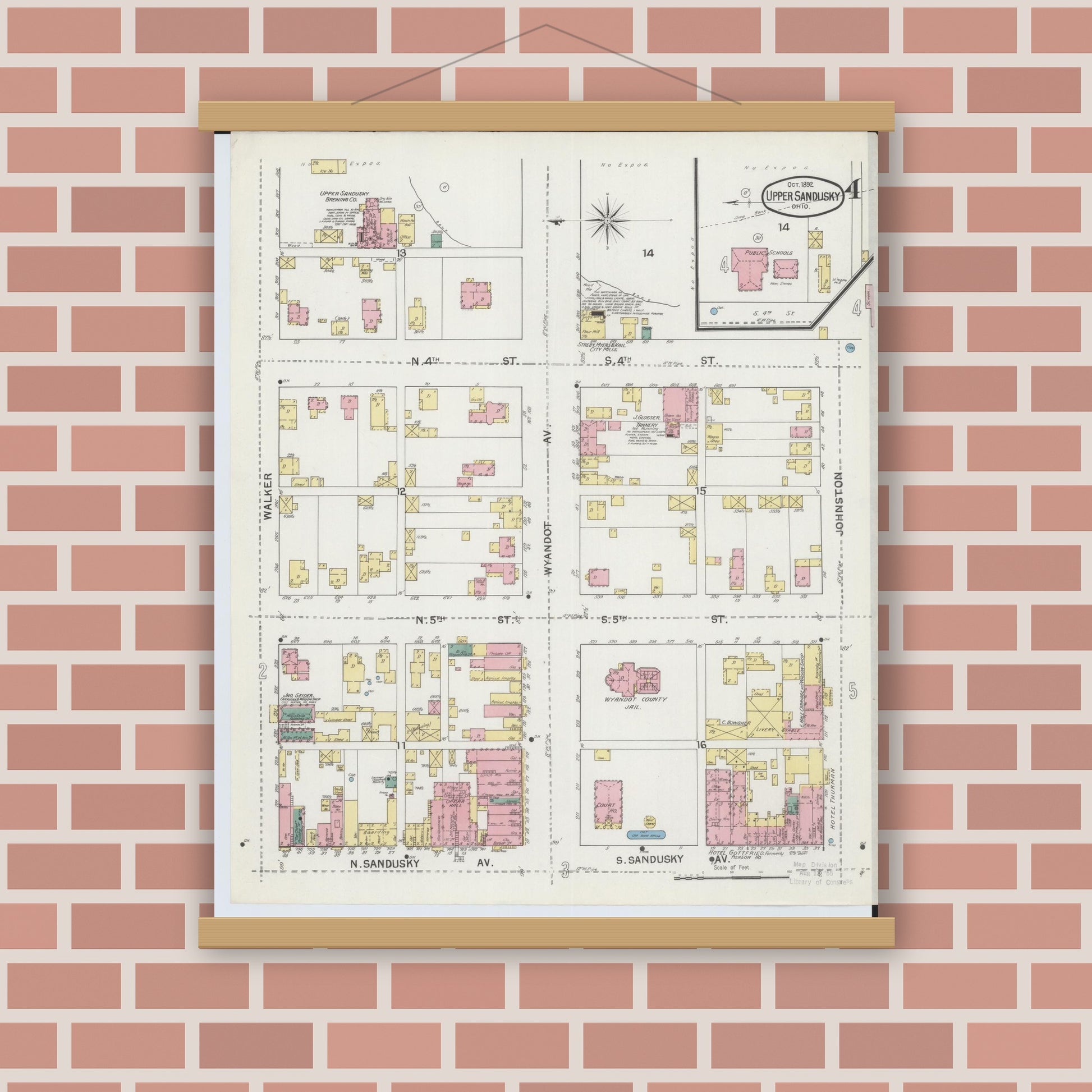 Old map wall art mockup — magnetic wood frame on brick wall — Sanborn Fire Insurance Map from Upper Sandusky, Wyandot County, Ohio (1892), Sheet #0004