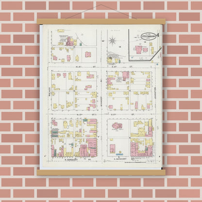Old map wall art mockup — magnetic wood frame on brick wall — Sanborn Fire Insurance Map from Upper Sandusky, Wyandot County, Ohio (1892), Sheet #0004