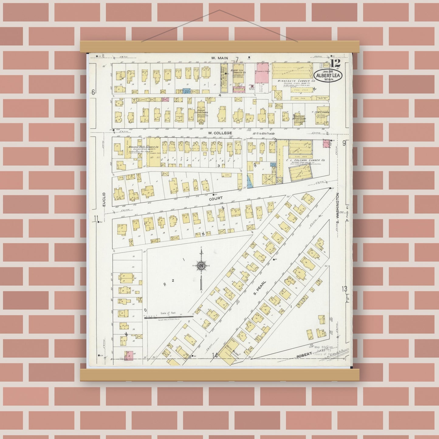 Old map wall art mockup — magnetic wood frame on brick wall — Sanborn Fire Insurance Map from Albert Lea, Freeborn County, Minnesota (1918), Sheet #0012