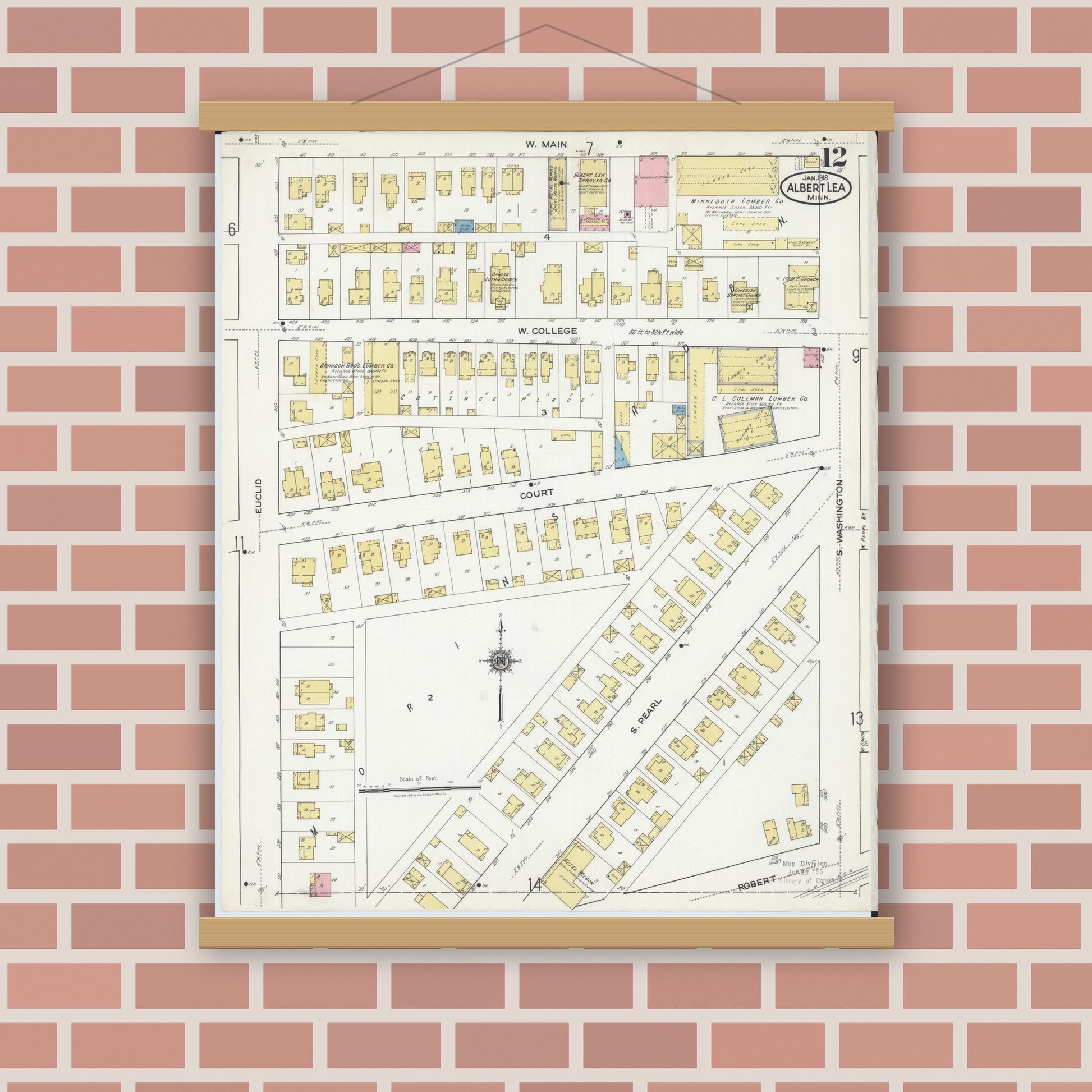 Old map wall art mockup — magnetic wood frame on brick wall — Sanborn Fire Insurance Map from Albert Lea, Freeborn County, Minnesota (1918), Sheet #0012