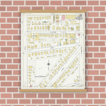 Old map wall art mockup — magnetic wood frame on brick wall — Sanborn Fire Insurance Map from Albert Lea, Freeborn County, Minnesota (1918), Sheet #0012