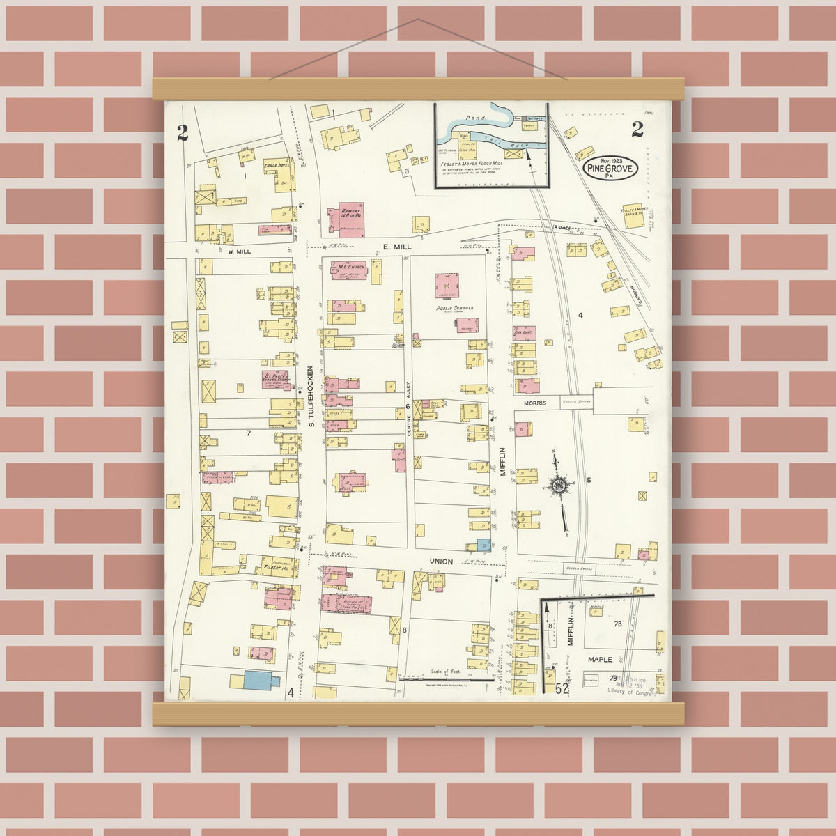 Old map wall art mockup — magnetic wood frame on brick wall — Sanborn Fire Insurance Map from Pine Grove, Schuylkill County, Pennsylvania (1923), Sheet #0002