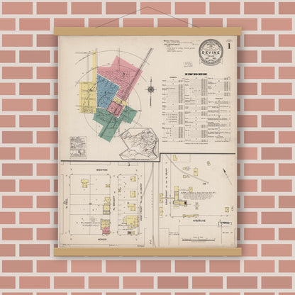 Old map wall art mockup — magnetic wood frame on brick wall — Sanborn Fire Insurance Map from Devine, Medina County, Texas (1922), Sheet #0001
