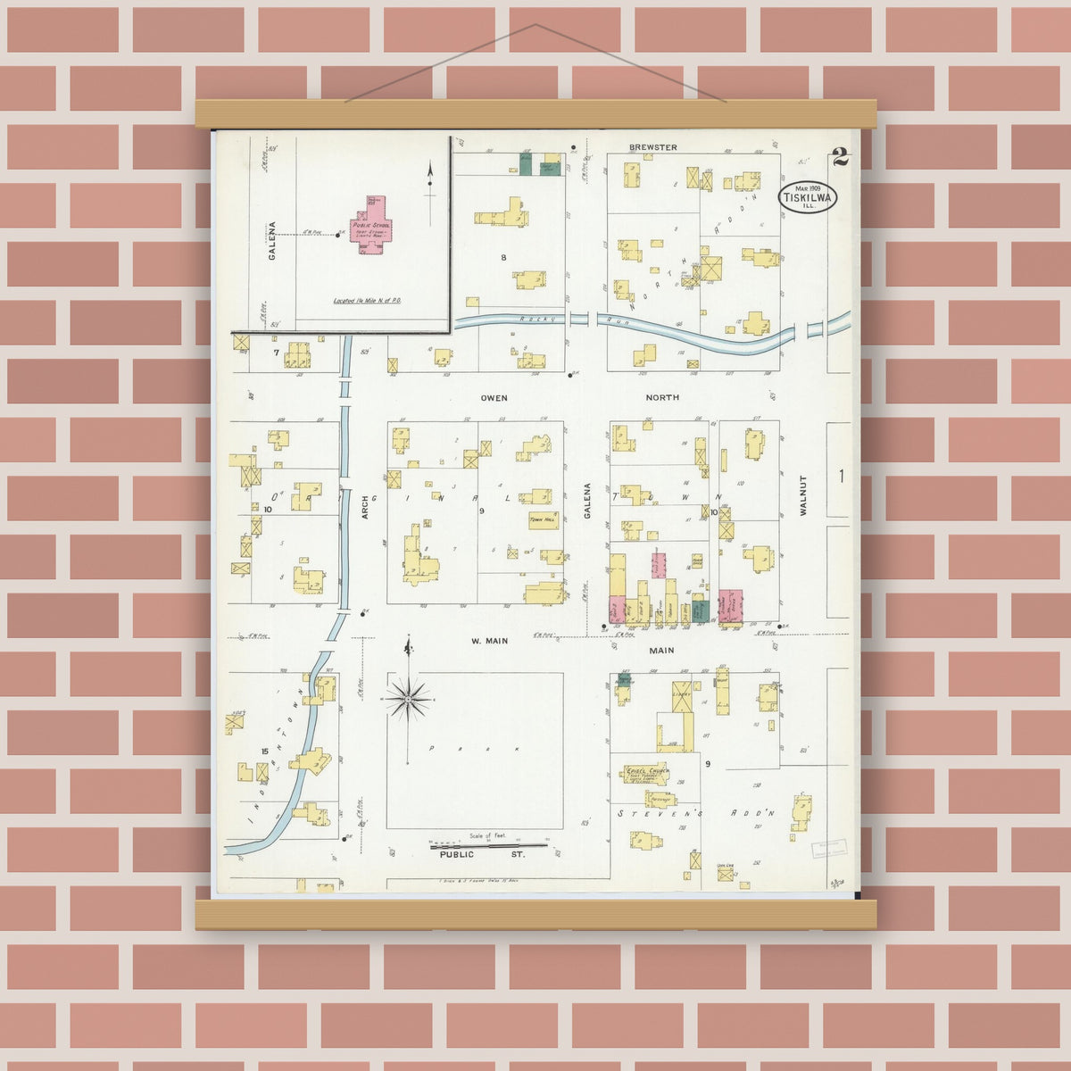 Old map wall art mockup — magnetic wood frame on brick wall — Sanborn Fire Insurance Map from Tiskilwa, Bureau County, Illinois (1909), Sheet #0002