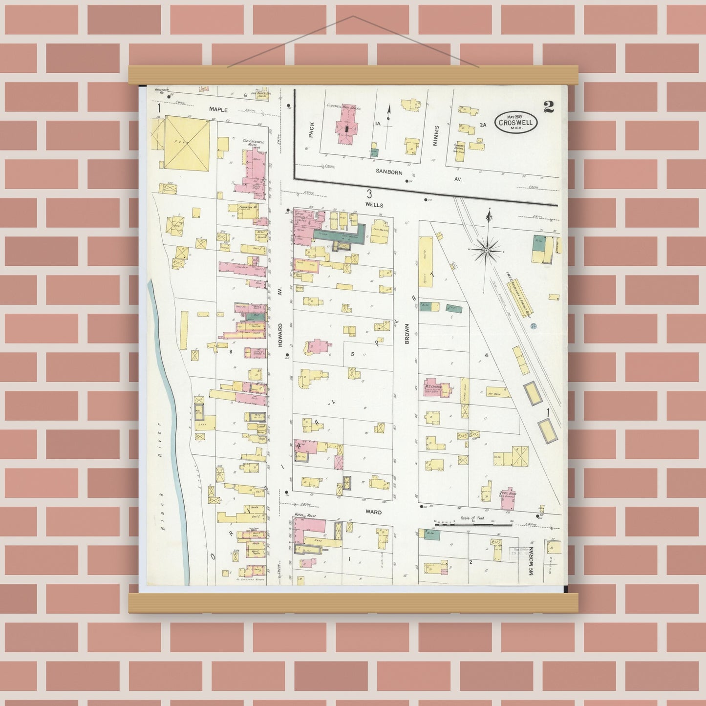 Old map wall art mockup — magnetic wood frame on brick wall — Sanborn Fire Insurance Map from Croswell, Sanilac County, Michigan (1909), Sheet #0002