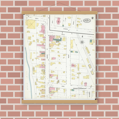 Old map wall art mockup — magnetic wood frame on brick wall — Sanborn Fire Insurance Map from Croswell, Sanilac County, Michigan (1909), Sheet #0002