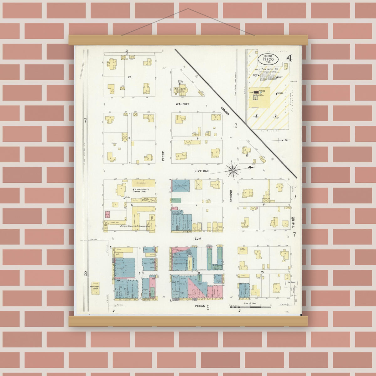 Old map wall art mockup — magnetic wood frame on brick wall — Sanborn Fire Insurance Map from Hico, Hamilton County, Texas (1907), Sheet #0004